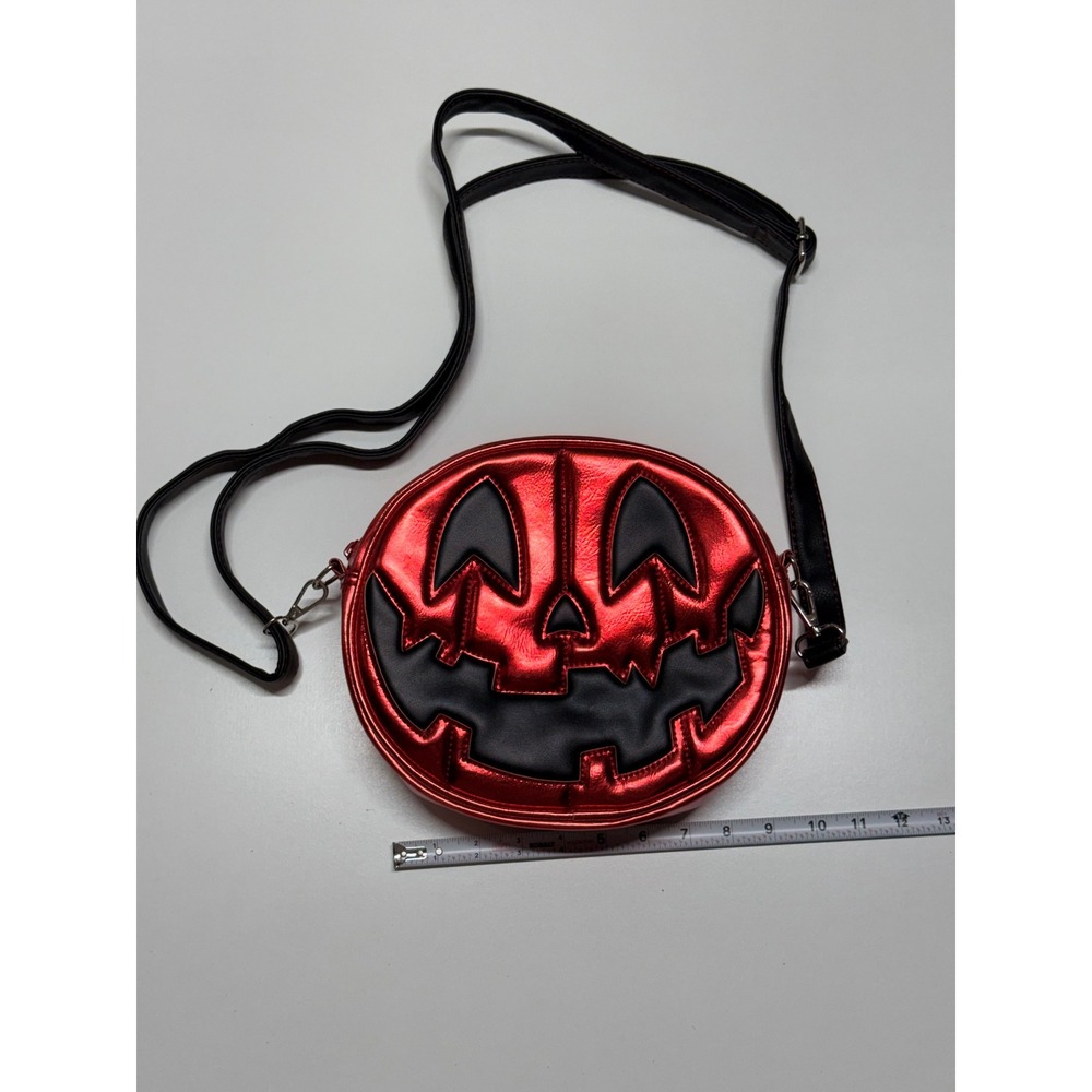 Pumpkin Cult Metallic Red Jack-O-Lantern Crossbody Bag Halloween Spooky Gothic